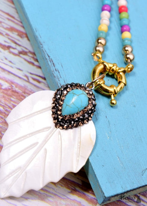 Boho Necklace, Blue Colorful Leaf Shell